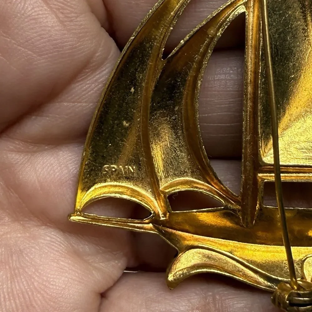 Vintage Spanish Damascene Sailboat Brooch